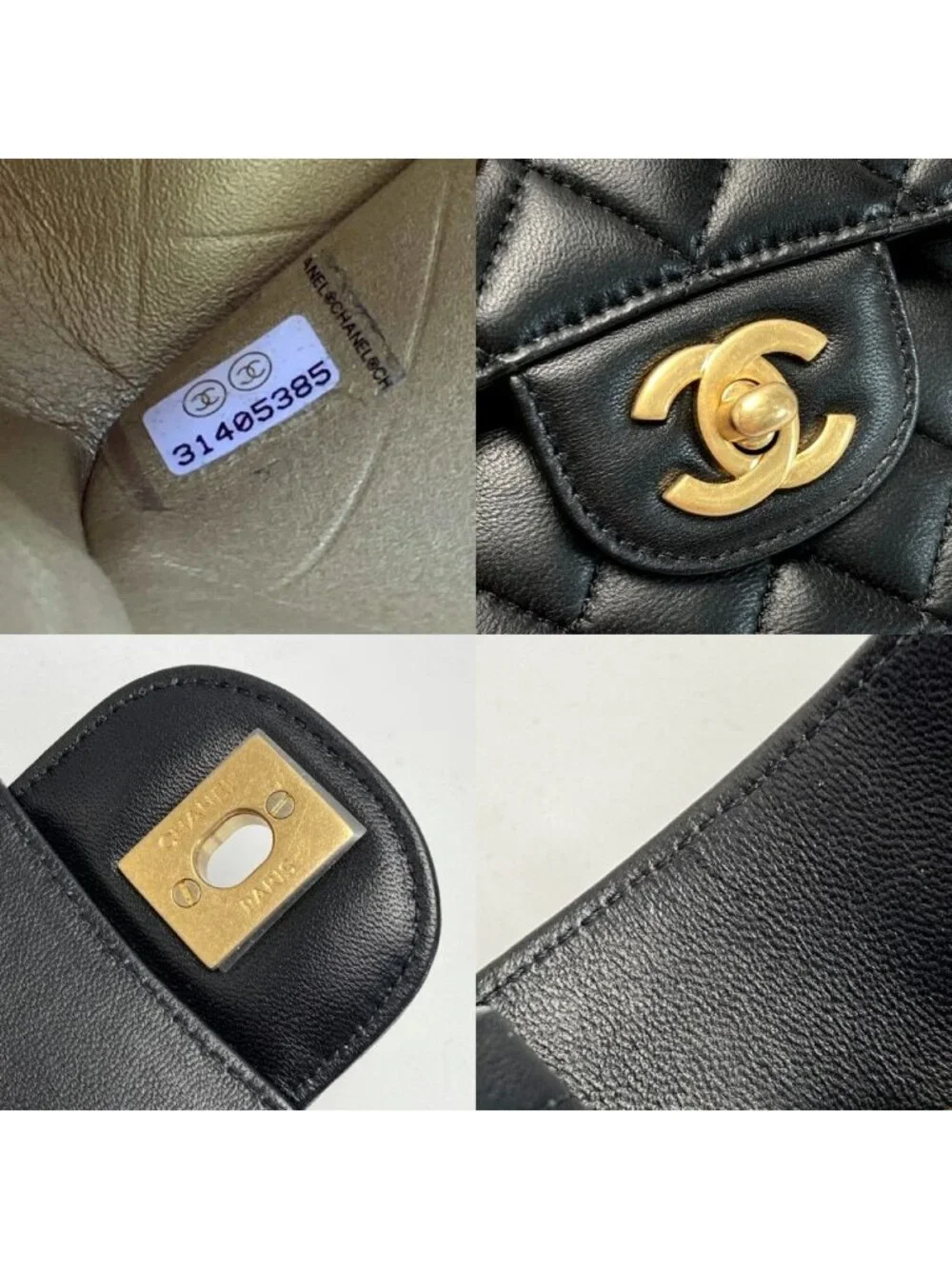 Chanel Quilted Double Flap Icon Charm Chain Shoulder Bag Black Lambskin